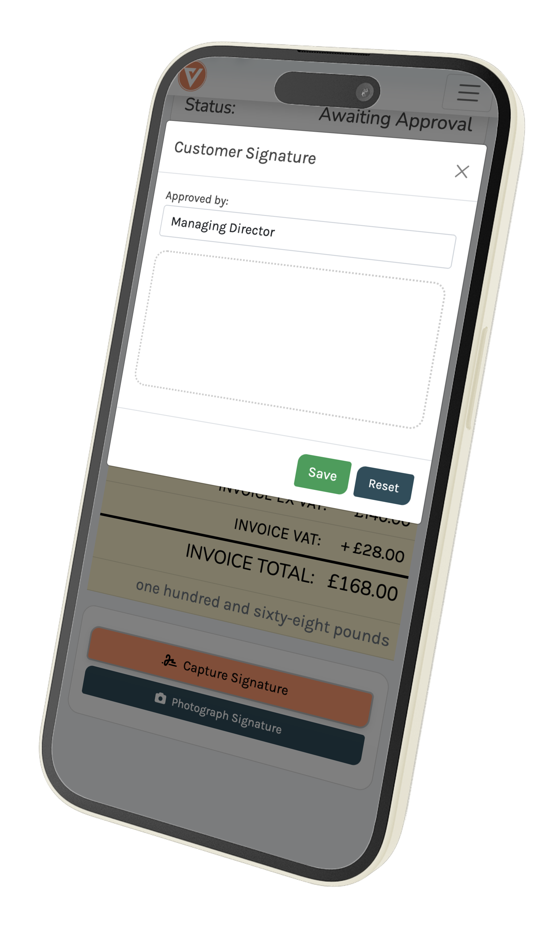 Dealership sign-off screen showing an itemised job with approve and reject actions